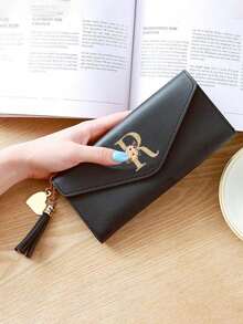 1 Pieza Cartera plegable de mujer de cuero PU negro con iniciales florales doradas A-Z, monedero lindo para niñas, cartera de moda para mujer con tarjetero mini y borla, impermeable, portátil, gran capacidad para tarjetas de crédito y efectivo, adecuada para negocios, casual, regalo de cumpleaños, regalo del Día del Maestro, regalo de Navidad.