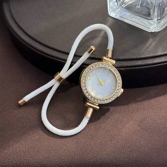 1pc Women's Colorful Nylon Pull-Out Chain Alloy Rhinestone Case Arabic Numeral Scale Print Dial Quartz Watch, New Christmas Gift