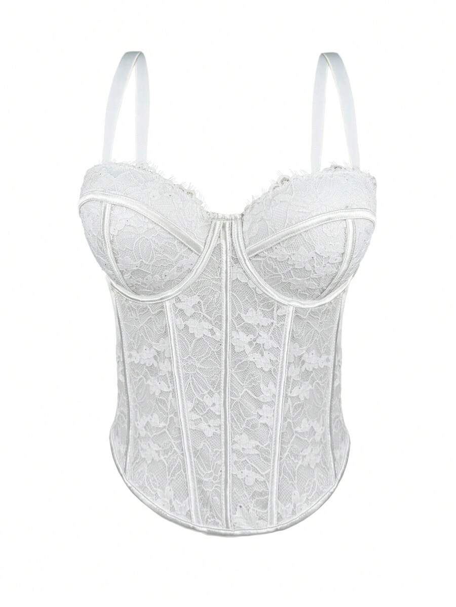 Women's Black Lace Floral Trim Bustier Corset Shapewear Casual White Summer - White - View 1