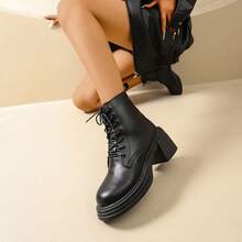 Fashionable Black Boots, Thick Sole Elevator, Lace-Up + Side Zipper, Streetwear Short Boots