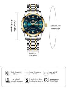 VA VA VOOM 1 件男士石英表 41 毫米经典奢华钻石日历时钟，绿色、蓝色、金色、银色、黑色不锈钢表盘，原装星期石英机芯，3 巴防水，商务风格，精美情侣表 - 藍色 - 查看 5