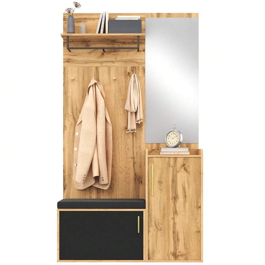 Compact Wardrobe With Mirror And Bench, Hallway Wardrobe With Shoe Rack And Hooks, Coat Rack, Compact Wardrobe, Hallway Furniture Set, Hallway Wardrobe With Wood Look - 1 - 查看 1