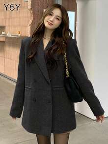 Y6Y 2025新款复古人字纹双排扣羊毛夹克，宽松休闲优雅女士西装外套，秋季款