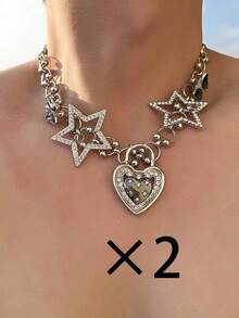 星形爱心项链，朋克复古女式重工业 Y2K，独特设计，高端甜美酷炫辣妹领链 - 一條星星愛心項鍊 - 查看 6