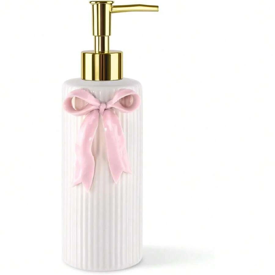 Hanade Ceramic Bow Soap Pump Dispenser Hand Lotion Liquid Dispenser Refillable For Kitchen And Bathroom Drative (Ribbon Pink),27473224 - 淺粉色 - 查看 1