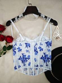 一件式修身钢圈束身连衣裙 - 蓝白印花，无袖束身胸衣 - 藍白色 - 查看 12