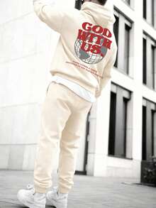 SECRET BASE Men's "God With Us" Religious Globe Graphic Hoodie And Sweatpants Set - Oversized Streetwear Tracksuit - Màu be - Xem 1