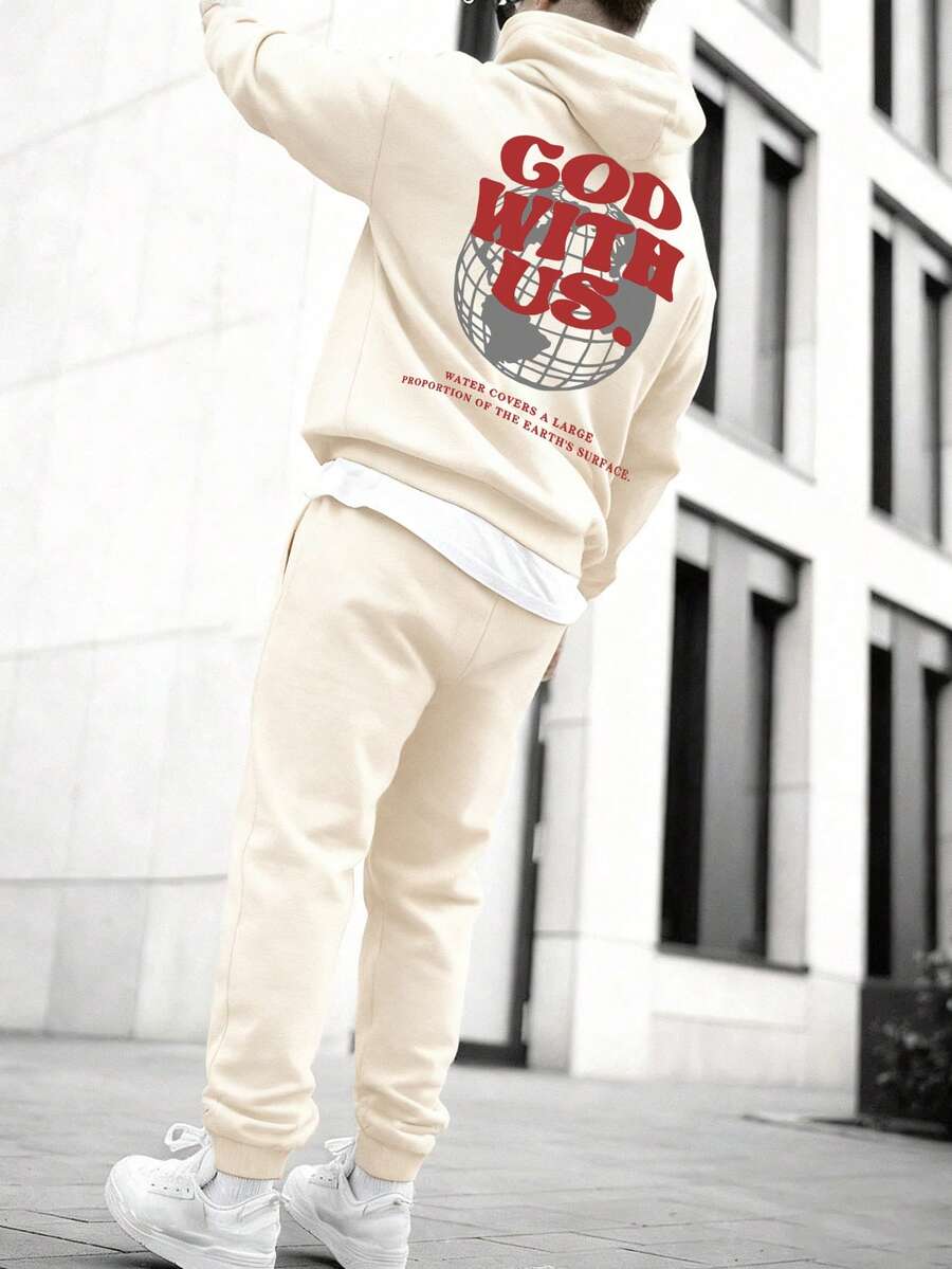SECRET BASE Men's "God With Us" Religious Globe Graphic Hoodie And Sweatpants Set - Oversized Streetwear Tracksuit - Màu be - Xem 1