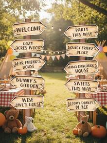 10件套复古小熊派对指示牌，木纹设计方向指示牌，森林主题派对纸质箭头指示牌，生日派对用品，房间装饰，家居装饰，花园装饰，复古小熊派对房间墙面背景装饰，婴儿派对拍照道具，生日派对配件，户外露营派对背景装饰 - 復古小熊 - 查看 1