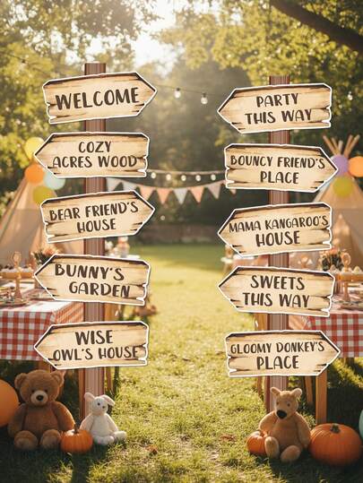 10 st/set retro björnfestskylt för bakgrundsdekorationer, träådringsdesign vägskylt, skogsfest papperspilskylt, födelsedagsfesttillbehör, rumsdekor, heminredning, trädgårdsdekor, retro björnfestrum väggbakgrundsdekor, babe shower fest fotorekvisita, födelsedagsfesttillbehör, utomhuscampingfest bakgrundsdekoration