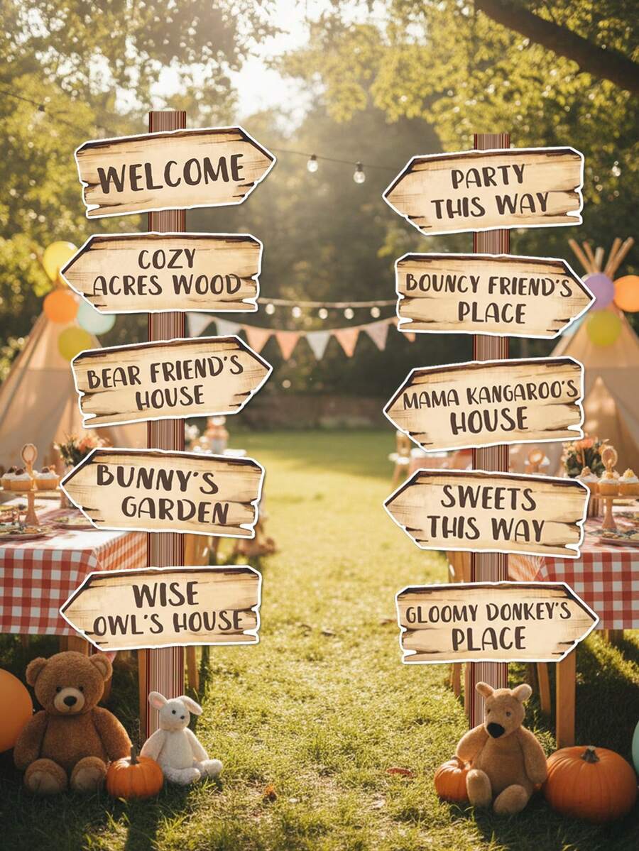 10件套复古小熊派对指示牌，木纹设计方向指示牌，森林主题派对纸质箭头指示牌，生日派对用品，房间装饰，家居装饰，花园装饰，复古小熊派对房间墙面背景装饰，婴儿派对拍照道具，生日派对配件，户外露营派对背景装饰 - 復古小熊 - 查看 1