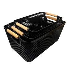 Set Of 3 Multipurpose Organizer Baskets With Wooden Handles – Elegance And Practicality For The Home - màu đen - Xem 1