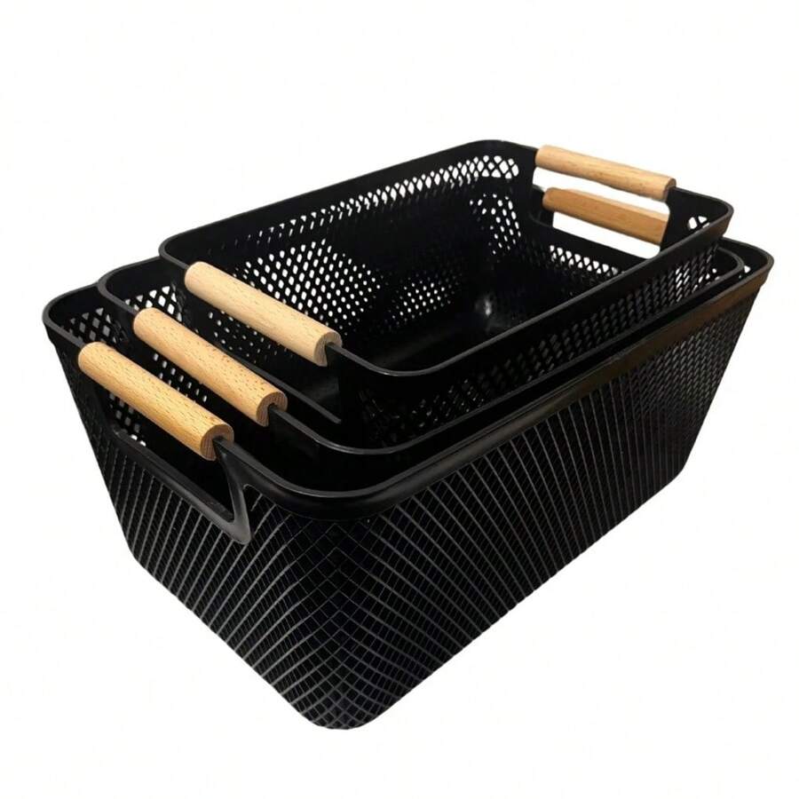 Set Of 3 Multipurpose Organizer Baskets With Wooden Handles – Elegance And Practicality For The Home - màu đen - Xem 1