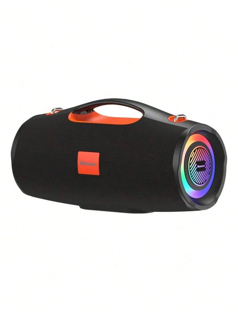 Newmine El altavoz Bluetooth para exteriores BT100 ofrece alta potencia, calidad de sonido de alta fidelidad, altavoces duales de rango completo con diafragmas dobles, sonido envolvente y un diseño portátil con asa. Ideal para acampar, hacer picnics y fiestas. - Negro Naranja - Ver 1