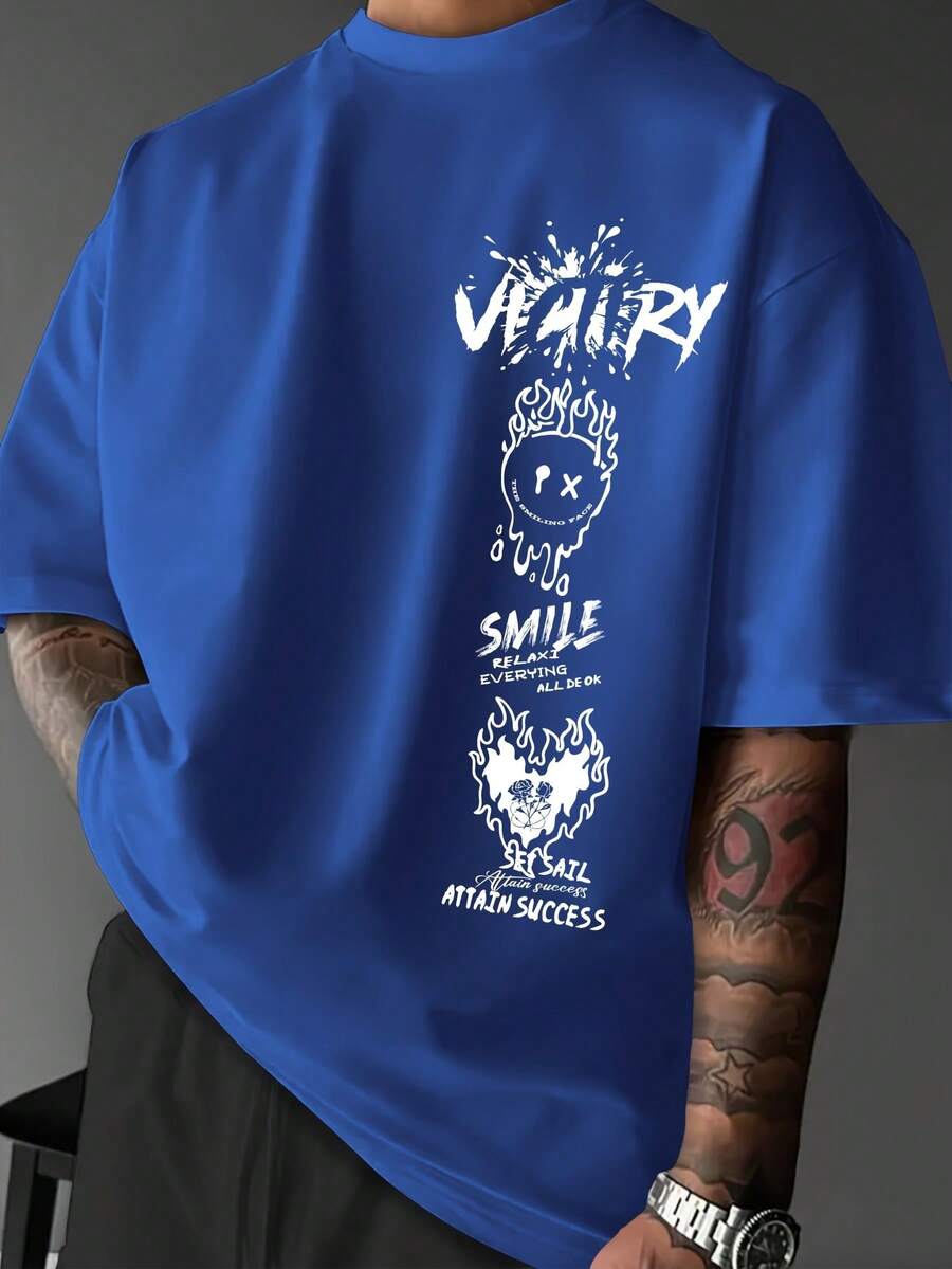 Men's Oversized Streetwear T-Shirt With "Victory & Face" Slogan Print - Black And White Graffiti Design On The Back, Loose Casual Fit For Summer, Gym, Running Or Parties – Soft And Breathable Crew Neck Shirt (VICTORY/SMILE/RELAX!) - 藍色 - 查看 1