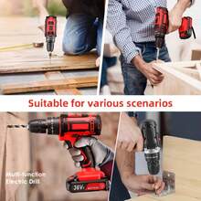 SPZTJK [48V Cordless Drill] 48V Cordless Electric Drill Set | Lithium-Ion Drill Driver Kit With LED Light & Variable Speed | Includes Handheld Screwdriver, Accessories, Rechargeable Lithium Battery, For DIY Home Projects - Red - View 12