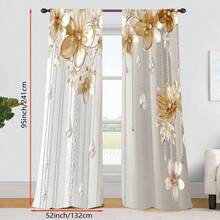 2 Pcs Polyester Light Filtering Curtains - High Definition White Gold Flower Pattern Printing For Bedroom, Living Room, Office And Home Decor, Rod Pocket Design - Multicolor - View 8
