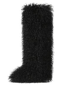 Women's Winter Knee High Boots Pull-On Faux Fur Round Toe Strap Boots For Women Comfy Plush Warm Outdoor Indoor Flat Shoes Punk Party Dressy Furry Fluffy Winter Autumn Fall Boots - 長款黑色 - 查看 11