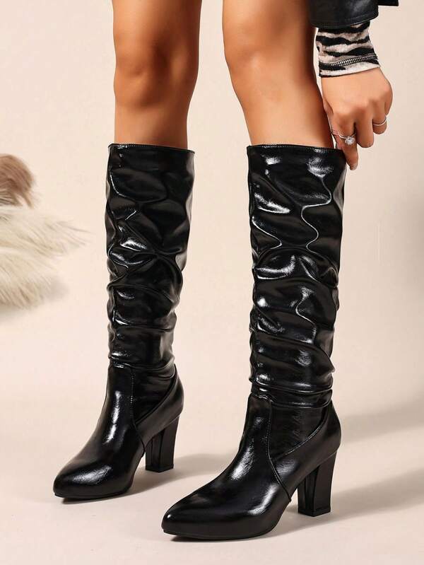 Fall/Winter Black High Shaft Chunky Heel Riding Boots For Women, Fashion Slim Leg Pointed Toe Over-The-Knee Boots,High Heels