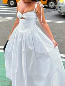 Onicee Summer Dress, White Sexy Solid Color Hollow Waist Strap Fluffy Elegant Dress For Women, Suitable For Valentine's Day, Dates, Gatherings, Parties, Travel, Vacation, Beach And Other Occasions - White - View 3