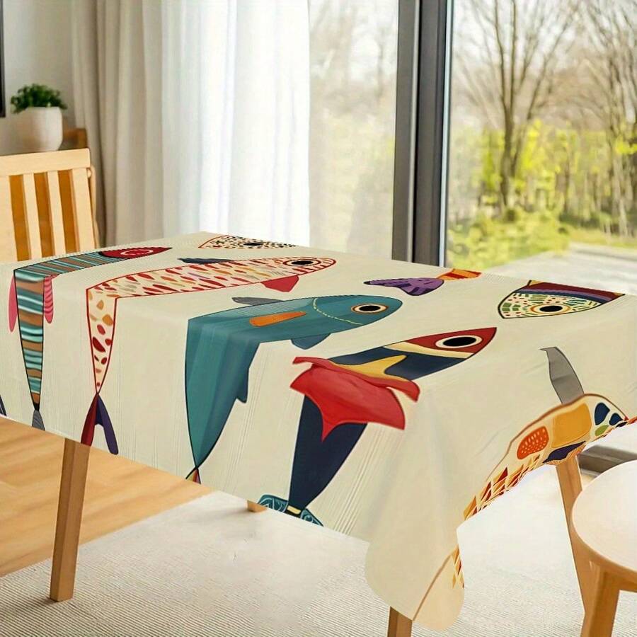 1pc Whimsical Abstract Fish School Tablecloth, Artistic Kids Room/Dining Table Decor, Lively Atmosphere For Dining Room, Dining, Living Room, Parties, Suitable For Indoor/Outdoor Use, Rectangular Shape, Durable Polyester Material, Washable And Reusable - Multicolor - View 1