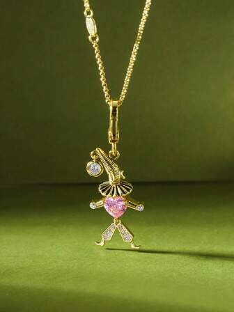 1pc Fashionable Delicate Pink Heart Zirconia Movable Scarecrow Pendant Necklace, Suitable For Women, Sweet & Chic Party Jewelry, Bag/Keychain Pendant, Halloween Gift