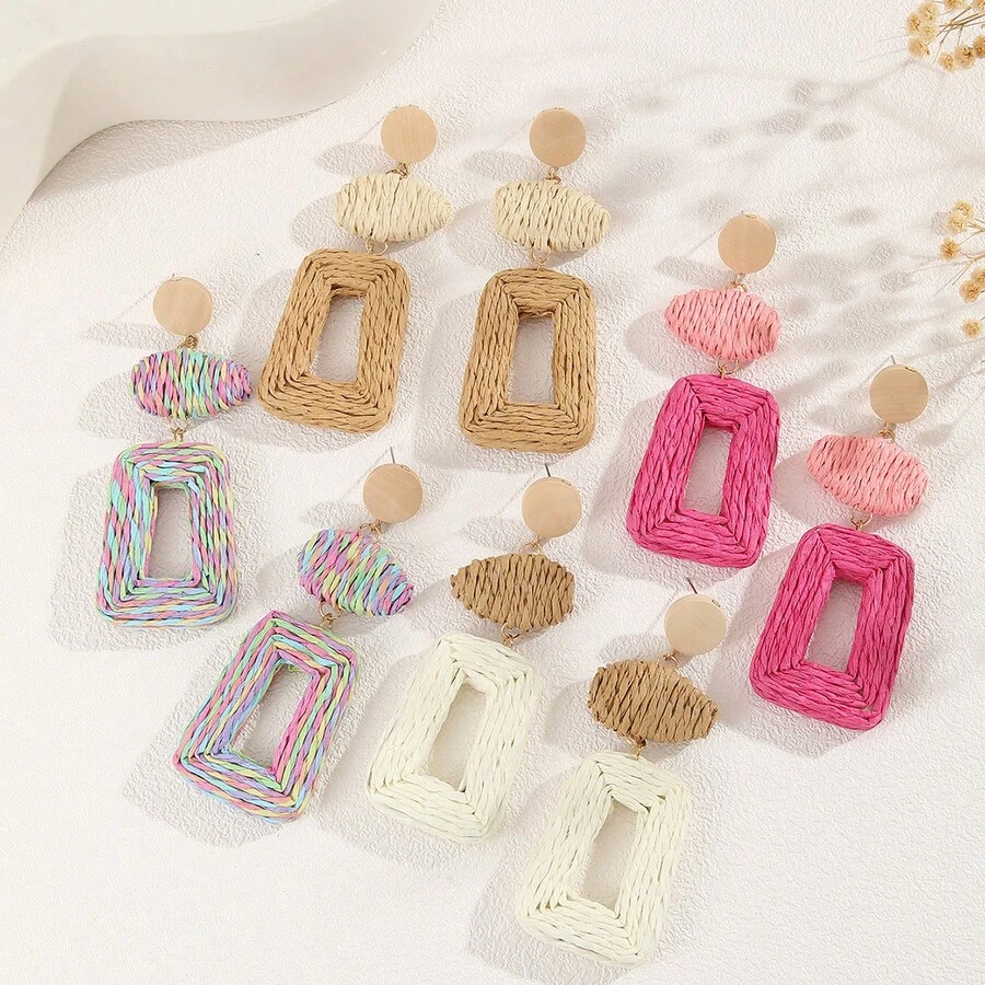 Bohemian Style Retro Beach Vacation Raffia Handwoven Geometric Earrings ...