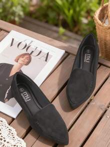 Flats Shoes Women Metal Buckle Half Slippers Pointed Memory Foam Loafers Elegant Heel-Less Design Flat Casual Shoes Suitable For All Seasons,Women's Plus Size Casual Loafers - Breathable Fabric Slip-On Flats With Floral Detail, Lightweight Comfort Shoes For Spring Summer Commute, Round Toe Ballet Flats - 黑色 - 查看 9