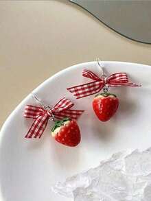 1pair Cute Strawberry Cake Design Earrings Sweet Bowknot Decor New Arrival For Women/Girls Valentines,Mom,Mother,Mother's Day,Gift - 紅色 - 查看 1