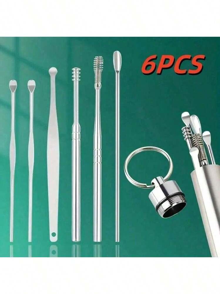 6-Piece Set Of Stainless Steel Earwax Cleaning Tools, Spiral And Cylindrical Cotton Swabs, Portable Keychain Earwax Removal Kit, Odorless, Manual Use, Battery Free, Adult Ear Cleaner, Ear Scoop, Comfortable Ear Tips Effectively Remove Earwax - 銀色 - 查看 2