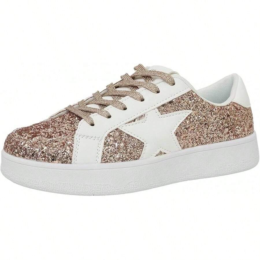 Niluber Star Sneakers For Women Low Top Cushioned White Gold Sliver Leopard Platform Sneakers Lace Up Red Glitter Platform Party ShoesChristmas - 金色亮片 - 查看 1