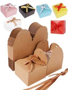 12个棕色礼品盒，小牛皮纸盒，带丝带，用于包装糖果、饼干、巧克力、工艺品、蜡烛、小礼物，尺寸约为3.54 x 3.54 x 2.36英寸（约9 x 9 x 6厘米） - 黑色+金色絲帶 - 查看 2