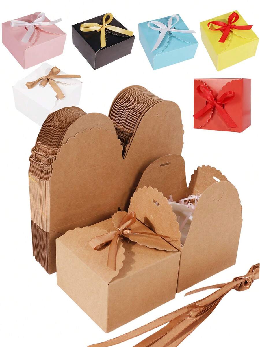 12个棕色礼品盒，小牛皮纸盒，带丝带，用于包装糖果、饼干、巧克力、工艺品、蜡烛、小礼物，尺寸约为3.54 x 3.54 x 2.36英寸（约9 x 9 x 6厘米）