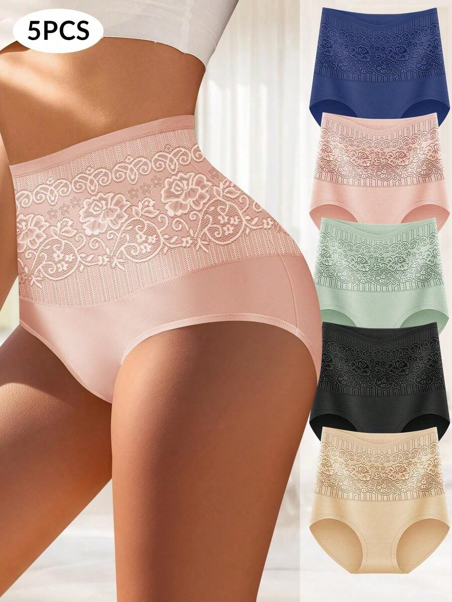 5-Pack Plus-Size Women's Cotton Underwear, Patterned Lace, High-Waisted, Tummy-Control, Hip-Lifting, Waist-Shaping, Comfortable. - 彩色 - 查看 1