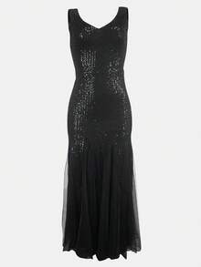 Sleeveless V-Neck Sequin Contrast Mesh Evening Dress,Party Dress,Prom Dress - Black - View 1