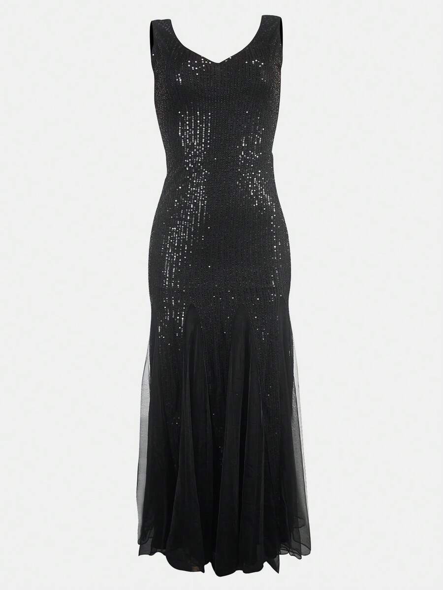 Sleeveless V-Neck Sequin Contrast Mesh Evening Dress,Party Dress,Prom Dress - Black - View 1