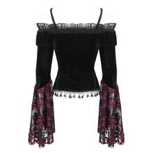EVA LADY 1 pieza Blusa de terciopelo con encaje estilo gótico hombros descubiertos, conjunto formal retro para otoño/invierno - Rojo - View 2