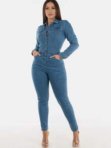New Women's Stretch Single-Breasted Long-Sleeved Collared Classic Washed Denim Jumpsuit With A Slim Leg Opening. Machine Washable And Suitable For Everyday Wear. - Màu xanh lam - Xem 5