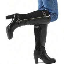 Women's Knee High Boots – Chunky Block Heel, Side Zipper, Warm Winter Boots For Casual, Office & Party Wear - Pu đen - Xem 8
