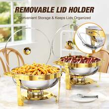 Gold Chafing Dishes For Buffet With Glass Lid (5QT, 1/2/4 Pack), Round Chafer & Warmer Set With Lid Holder, Polished 316 Stainless Steel, Rolled Rim Process, Chafing Dishes For Buffet For Catering Events, Parties, Weddings - 2件裝 - 查看 2