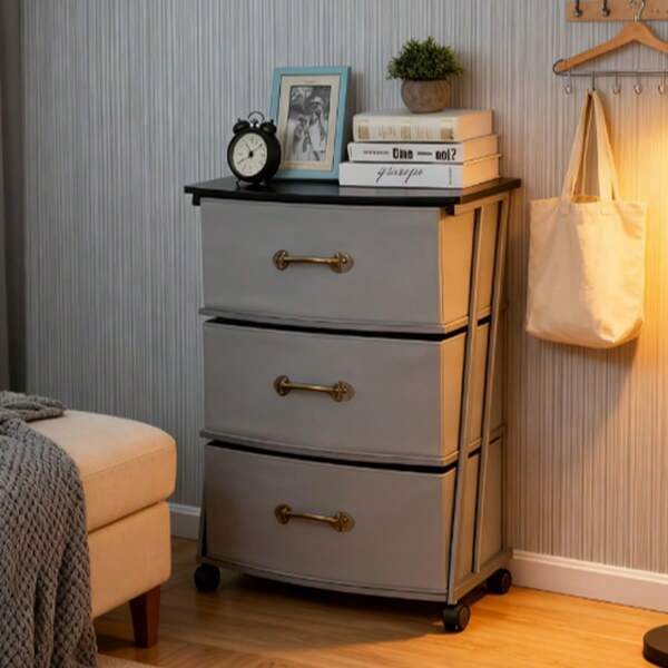 3-Drawer Mobile Storage Cart With Locking Wheels & Wood Top, Grey Fabric Dresser Organizer For Bedroom Closet Entryway
