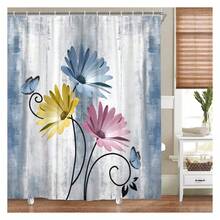 Rustic Farmhouse Shower Curtain, Farm Blue Daisy Floral Flowers And Butterfly On Country Wooden Shower Curtain For Bathroom, Turquoise Pink Yellow Bathroom Shower Curtains With 12PCS Hooks, 70X84IN - 多色566 - 查看 3