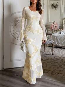 Unadoll 女士春季性感修身圆领喇叭袖裹臀提花面料优雅连衣裙，适合约会、户外活动、生日、派对、晚宴、度假、通勤、情人节等场合穿着。 - 黃色 - 查看 9