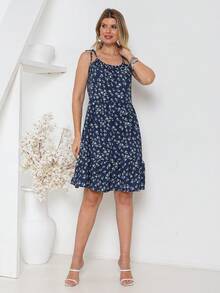 All-Over Floral Print, Ruffled Hem, Beach Style. - 寶藍色 - 查看 3