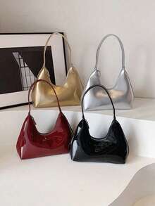 韩版小众红漆皮月牙单肩包女士手提包时尚腋下包质量好 - 酒紅色 - 查看 9