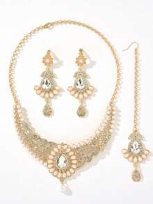 4pcs/Set Bollywood Luxury Style Faux Pearl Jewelry Set, Including Teardrop Earrings, Teardrop Pendant Necklace, And Crystal Necklace, Suitable For Women's Wedding, Daily Wear Or Festivals - Pearl - View 11