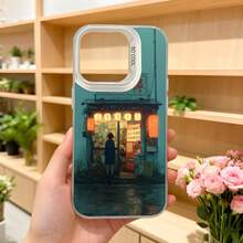 Cubierta de telefono estilo retro azul con ilustracion de tienda tradicional asiatica y texto en chino para uso diario y regalo Aplicable a los teléfonos de la serie Apple y Galaxy - Negro - Ver 5