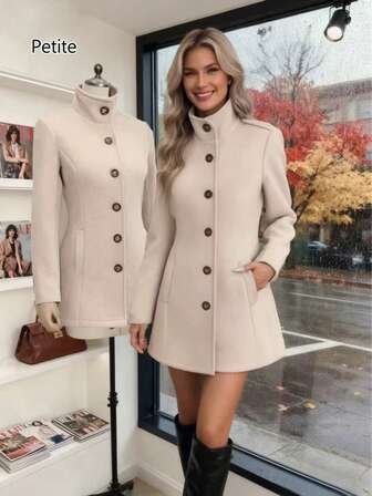 Petite Women's Fall/Winter Wool Coat Women's Commuter Wool Style Waist-Slimming Design With Pockets Single-Breasted Lapel Mid-Length Wool Coat Front Button Closure With Pockets