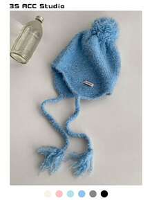 1 件法式结领针织帽，秋冬季女士柔软温暖针织帽，装饰性貂绒领带护耳针织帽，可爱渔夫帽 - 彩色 - 查看 9