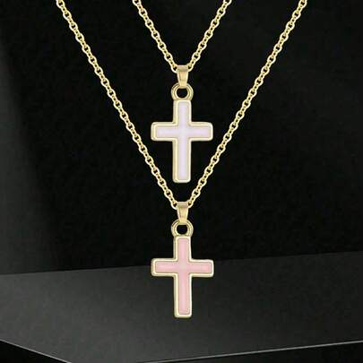 3-Color Minimalist Cross Pendant Necklace For Girls, Stainless Steel Chain, Sweet & Cute, Suitable For Children's Street Parties, Travel, Vacation, Summer Beach, Versatile Daily Accessory, Also A Great Gift